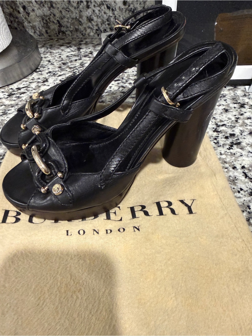 Burberry Black Leather Platform Slingback Heels with Gold Hardware